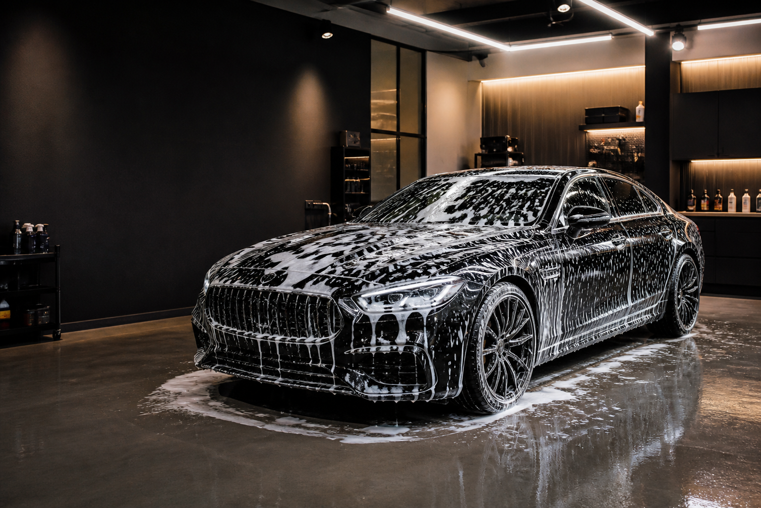 Black luxury sedan covered in detailing foam inside a modern detailing bay